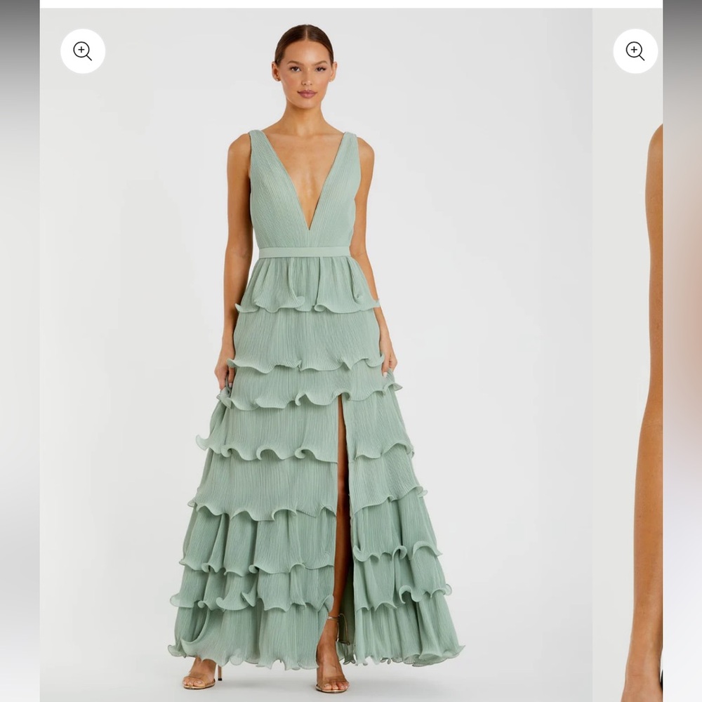 Mac Duggal Green Sleeveless Ruffle Tiered V Neck Gown